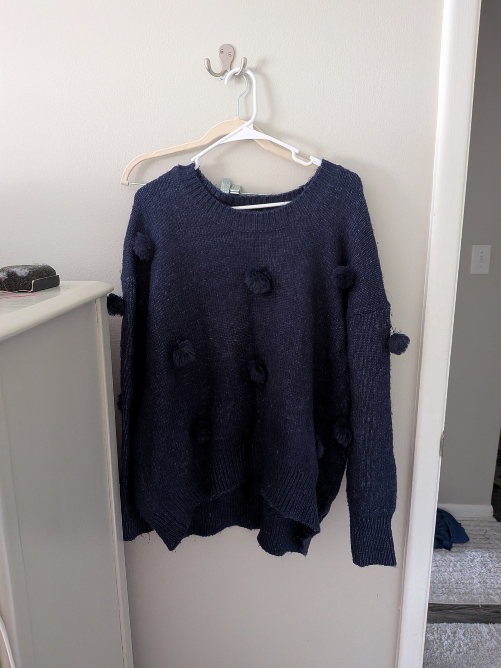 Zara Knit Navy Alpaca Blend Oversized Pom Pom Sweater Large